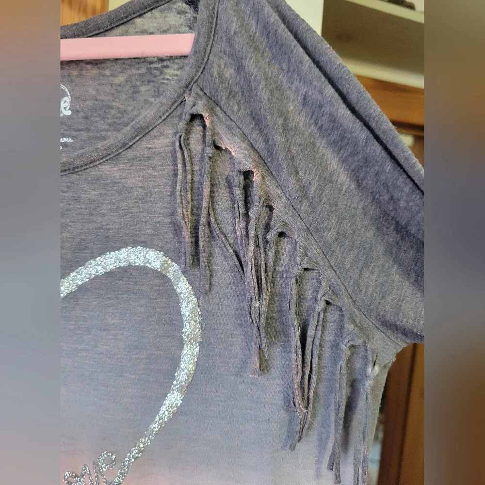 Justice Heart fringe Ombre Long Sleeve Top - Pink and Gray 10